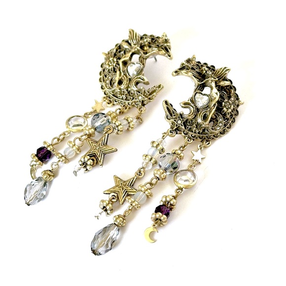 🌙 WHIMSICAL FANCIES | Antiqued Gold Celestial Fairy Statement Earrings | NEW 🌙 - Picture 1 of 6
